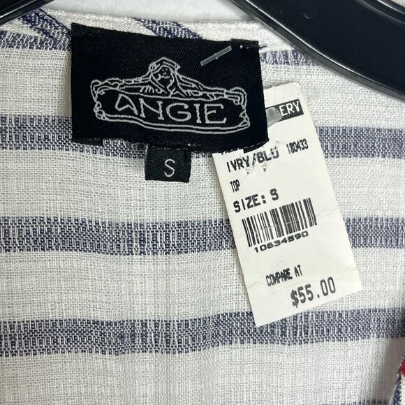 Angie Women's Striped Ivory Blue Embroidered Boho Top Long Sleeve Size S NWT - Picture 7 of 11